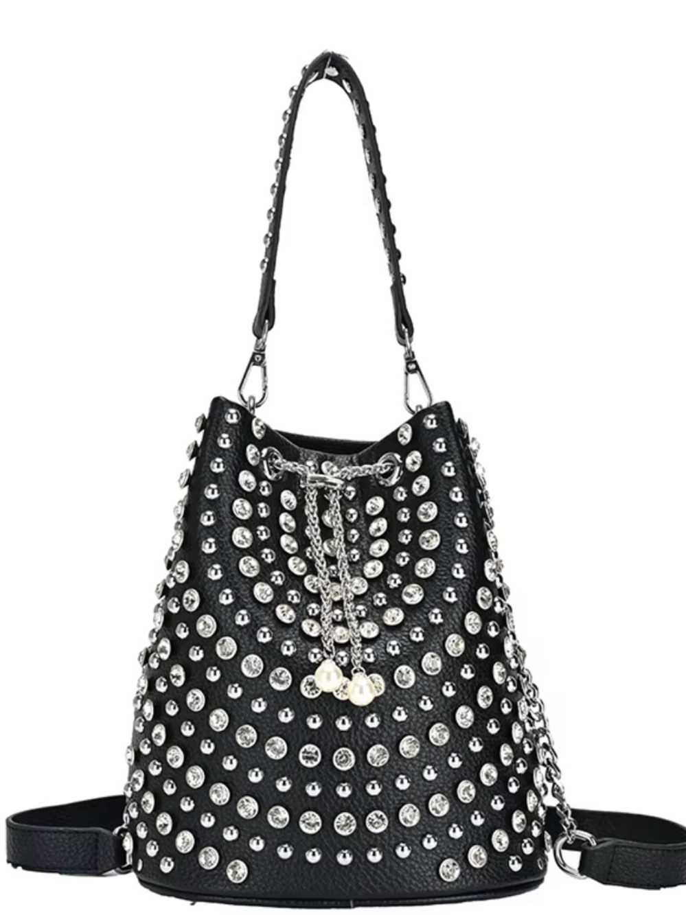 Black Silver Studded & Rhinestone Drawstring Bucket Bag - Picture 2 of 8